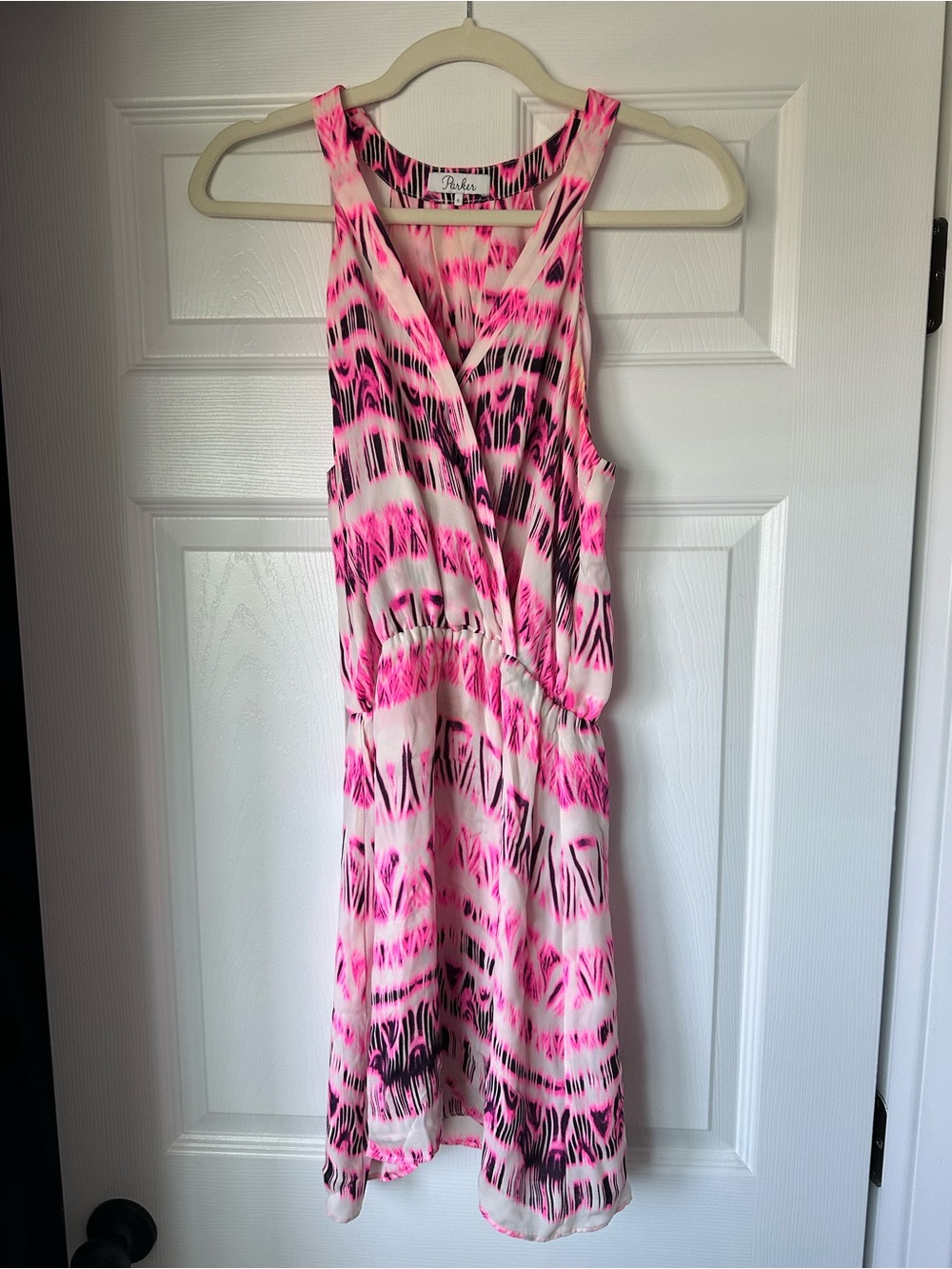 Parker Neon Pink & Black Patterned Sleeveless Wrap Midi Dress